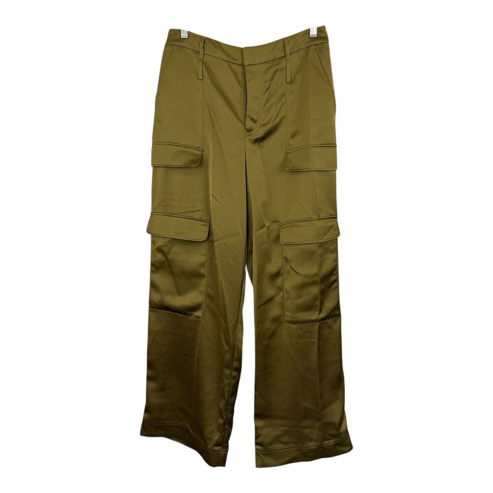 The Noli Shop Womens Wide Leg Cargo Pants Sz 8 Olive Green Satin Polyester